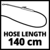 Délka hadice 140 cm je napsáno pod obrázkem dlouhé, zakřivené hadice s tryskovou hlavicí.