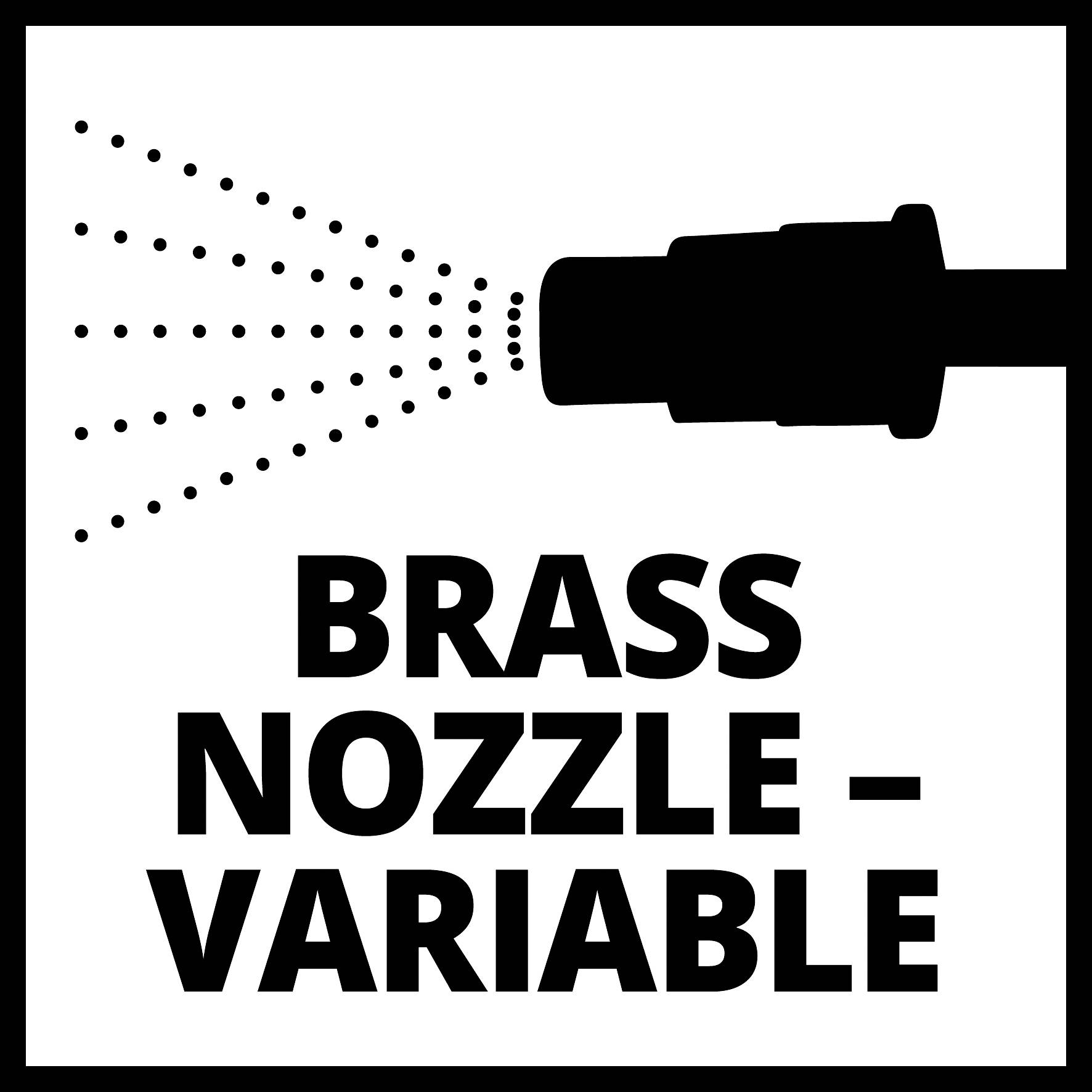 'MOSAZNÁ TRYSKA - VARIABILNÍ' černým textem před ikonou rozprašovací trysky. Text ilustruje variabilní mechanismus mosazné trysky.
