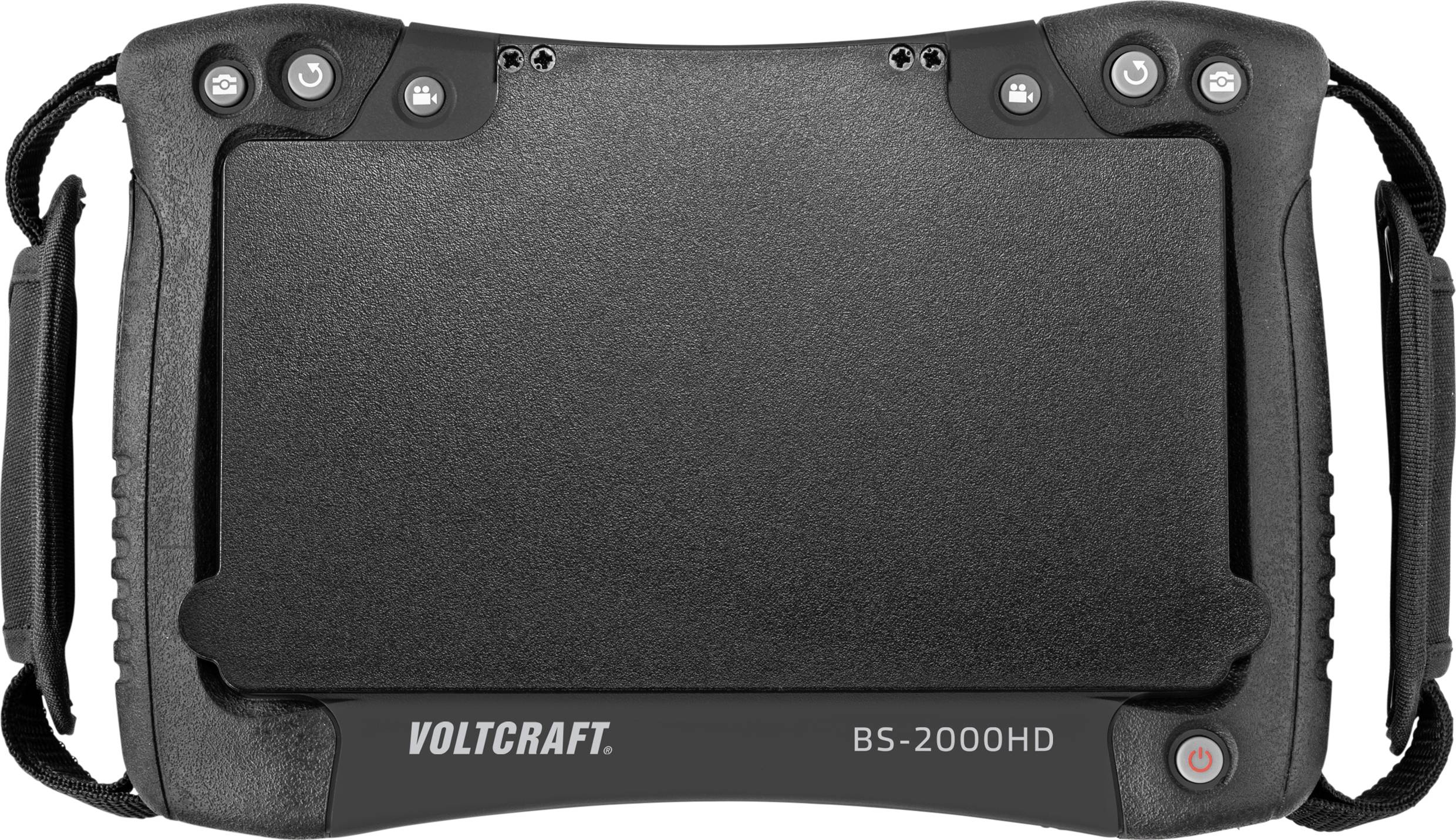 Přenosné endoskopické zařízení Voltcraft, model BS-2000HD, s bočními madly a několika ovládacími tlačítky nahoře.