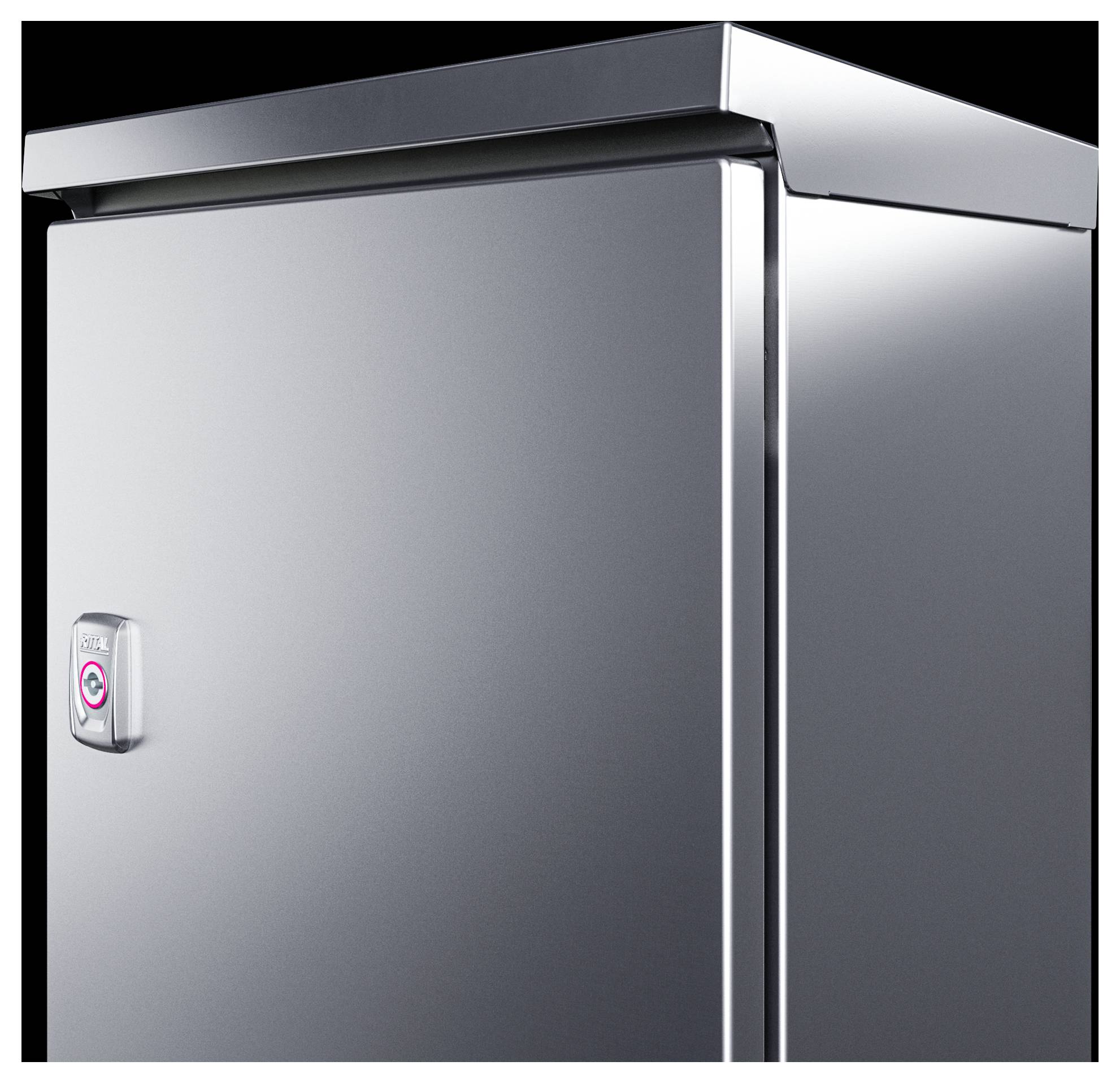 Stříbrná, moderně designovaná lednice, částečně viditelná, s jednou rukojetí a zaoblenými rohy.