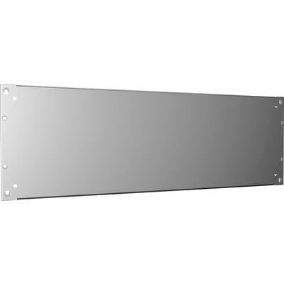 Šedý kovový slepý panel do racku s montážními otvory po stranách, používaný k zakrytí nevyužitých pozic v rozvaděčích.