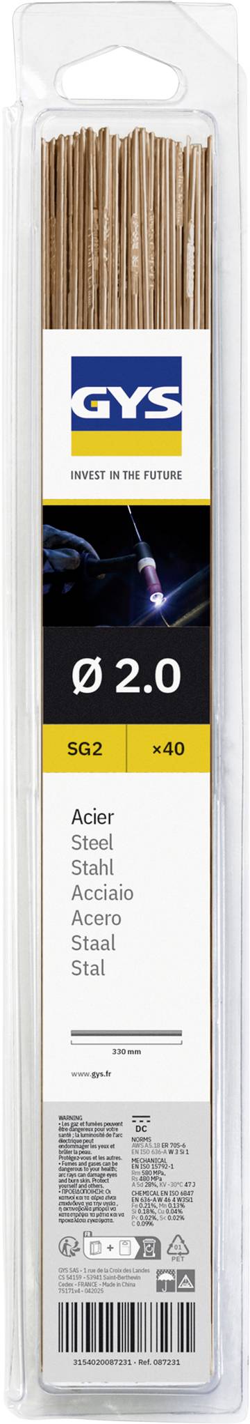 Balení svářecích drátů z oceli GYS, velikost Ø 2,0, SG2, 40 kusů, s označením produktu a štítky se specifikacemi na přední straně.