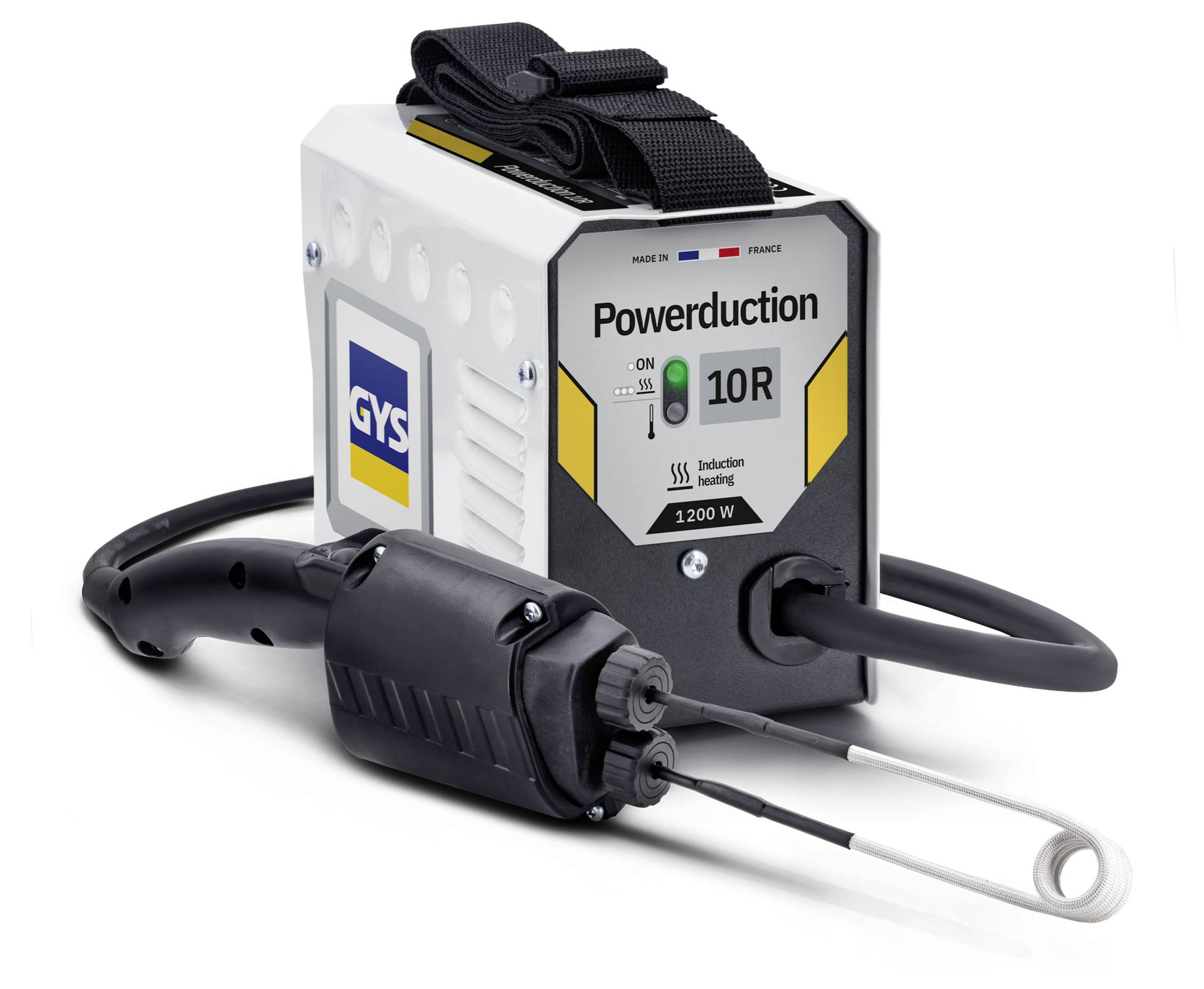 Přenosný elektrický indukční ohřívač označený "Powersduction 10R" s připojeným ručním nástrojem a cívkami, zobrazený na bílém pozadí.