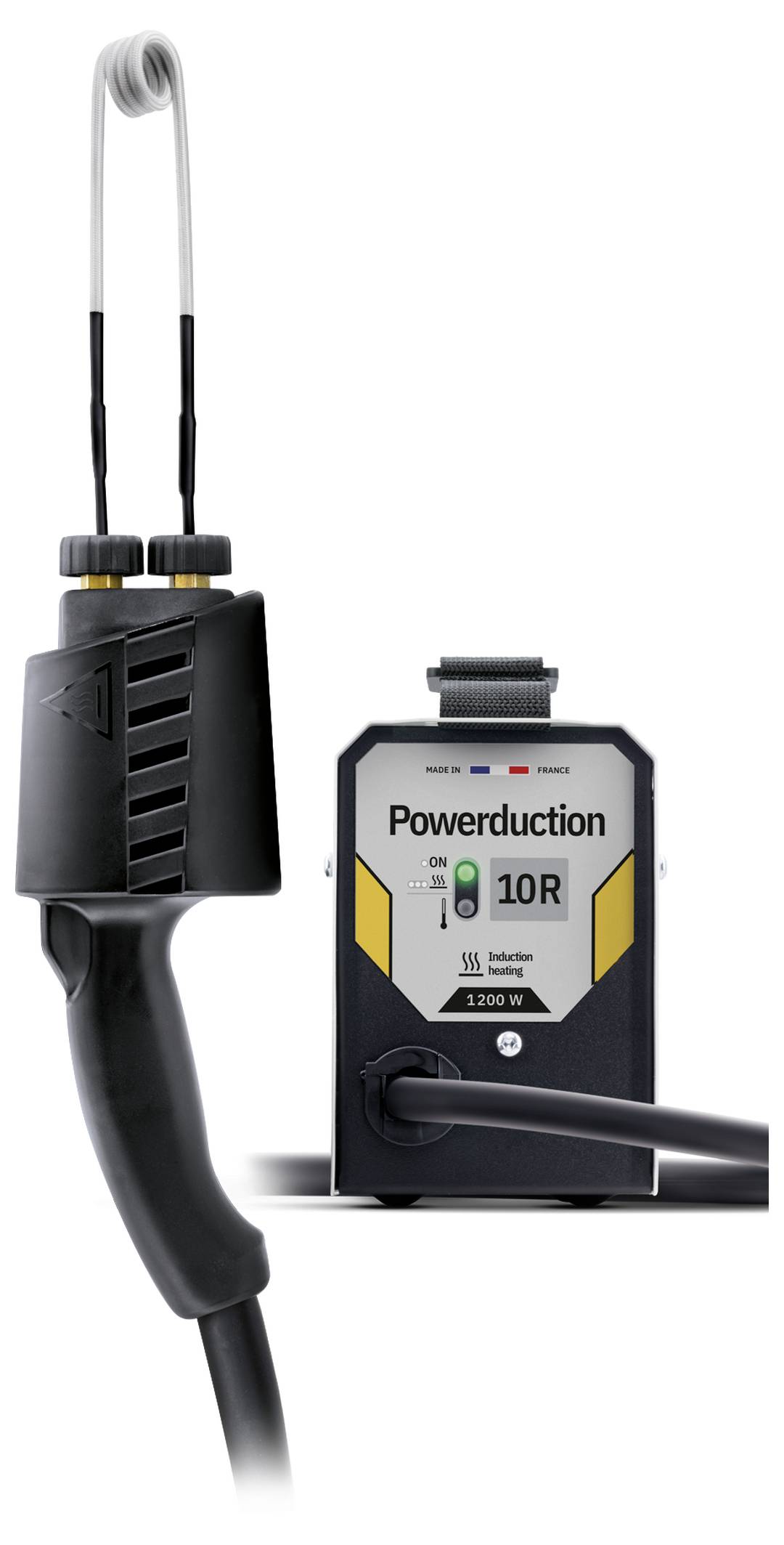 Přenosný indukční ohřívač Powerduction 10R s připojeným kabelem a topnou smyčkou, zobrazen na bílém pozadí.