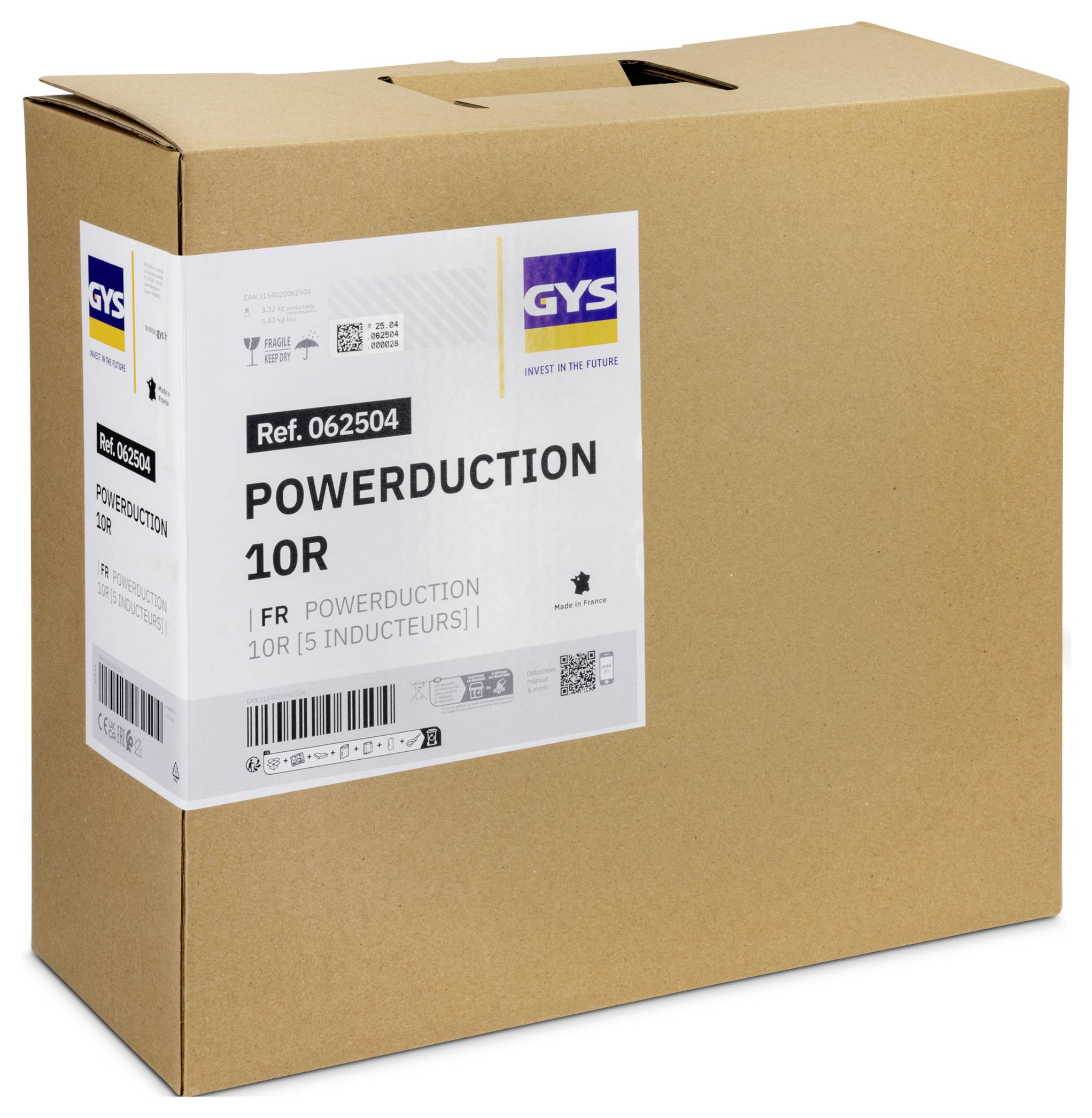 Hnědá kartonová přepravní krabice označená GYS POWERDUCTION 10R, Ref. 062504, pro jednotku s 5 induktory pro indukční ohřev.