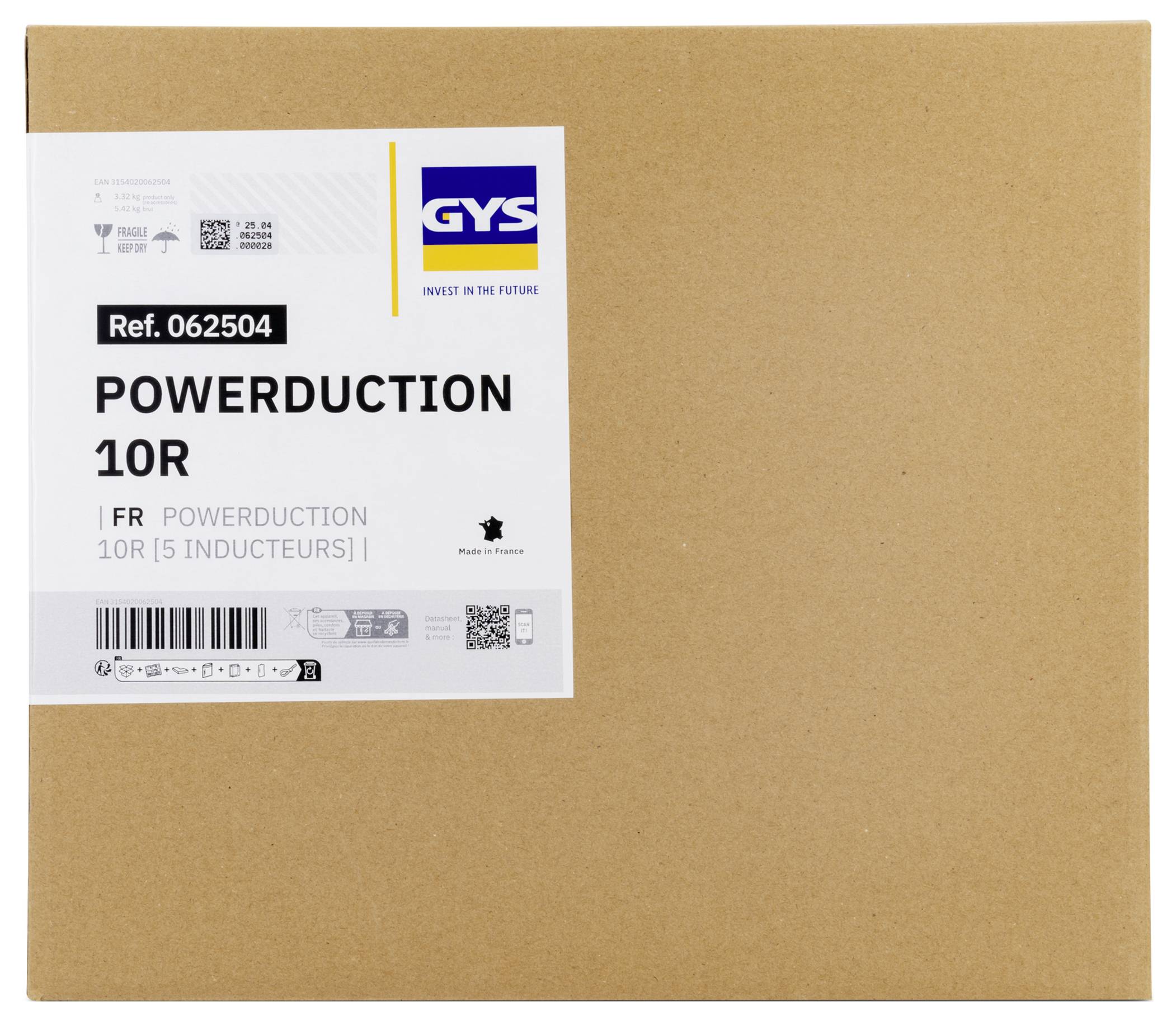 Kartonová krabice označená "GYS POWERDUCTION 10R" s referenčním číslem 062504, která označuje zabalenu jednotku se 5 induktory.