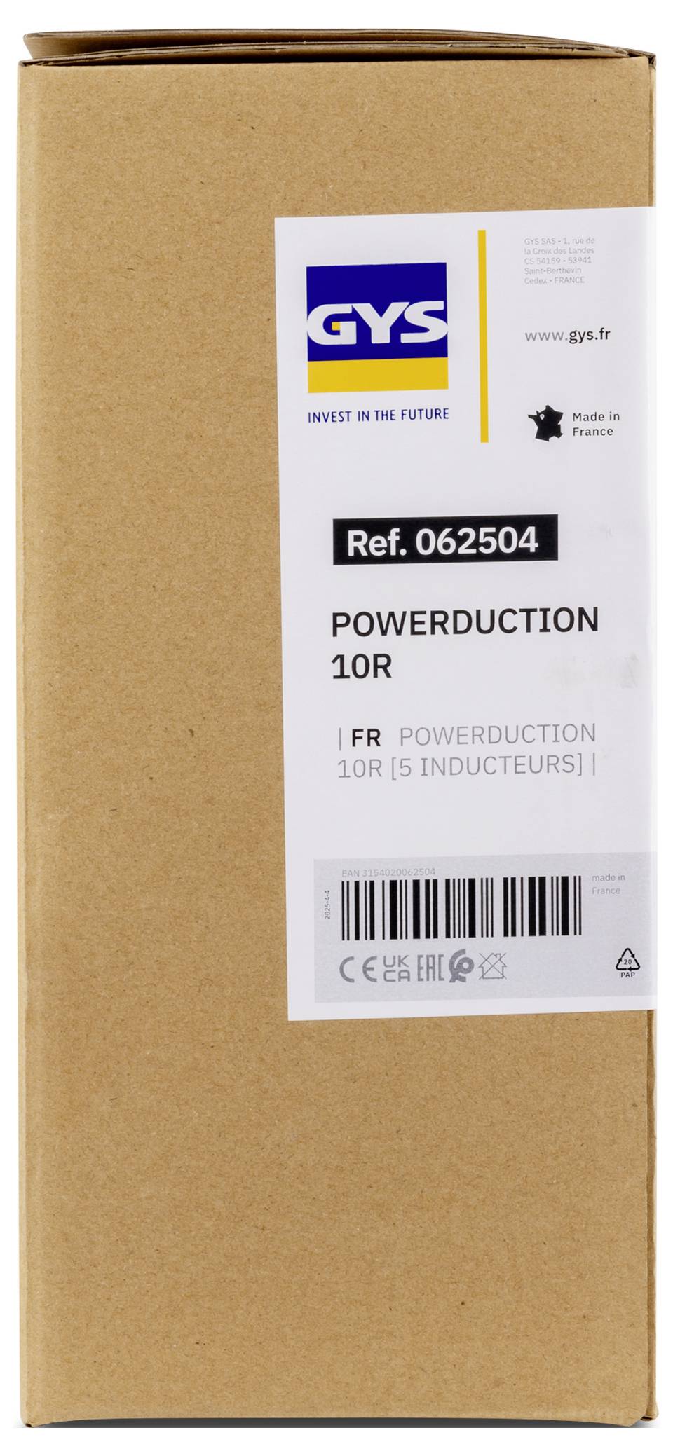 Papírová krabice s označením GYS POWERDUCTION 10R, Ref. 062504, s čárovým kódem a označením Made in France.
