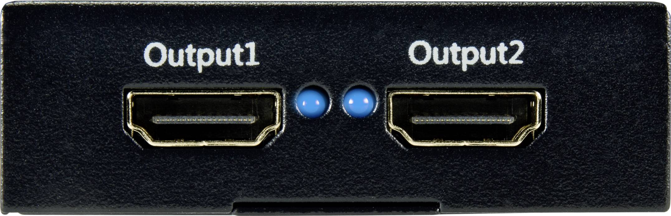 Dva HDMI výstupy označené jako 'Output1' a 'Output2' s modrými LED indikátory mezi nimi.