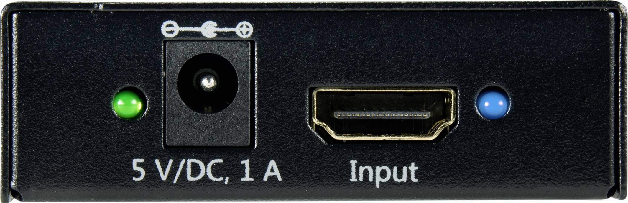 Černý přední panel zařízení s přípojnými zdířkami: Vlevo zelená LED dioda, uprostřed napájecí konektor '5 V/DC, 1 A', vpravo HDMI vstup s modrou LED diodou.