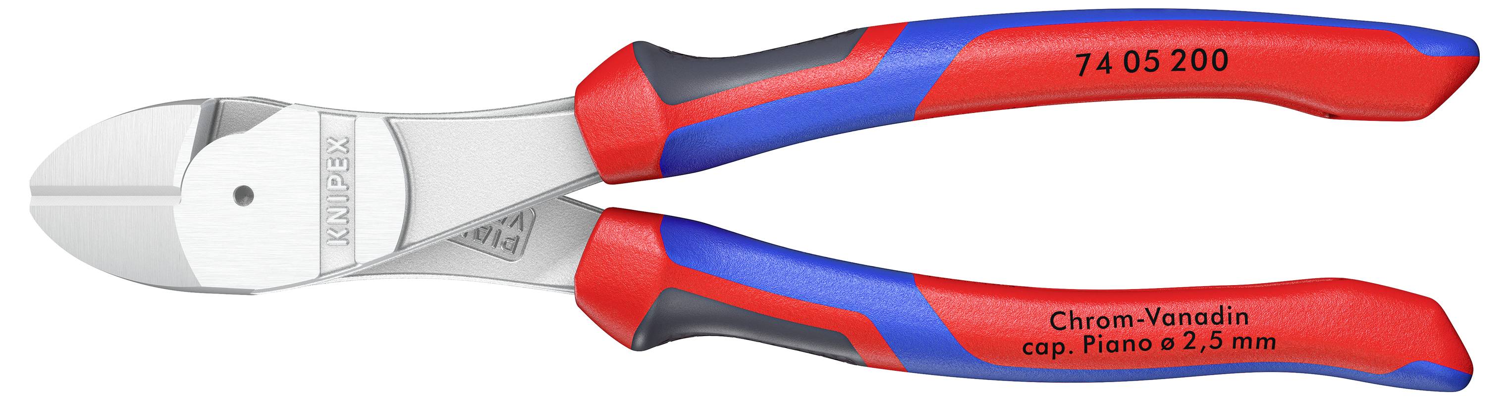 Červené a modré kombinované kleště s kovovými čelistmi, na rukojeti je nápis "Chrome-Vanadium cap. Piano ø 2,5 mm".