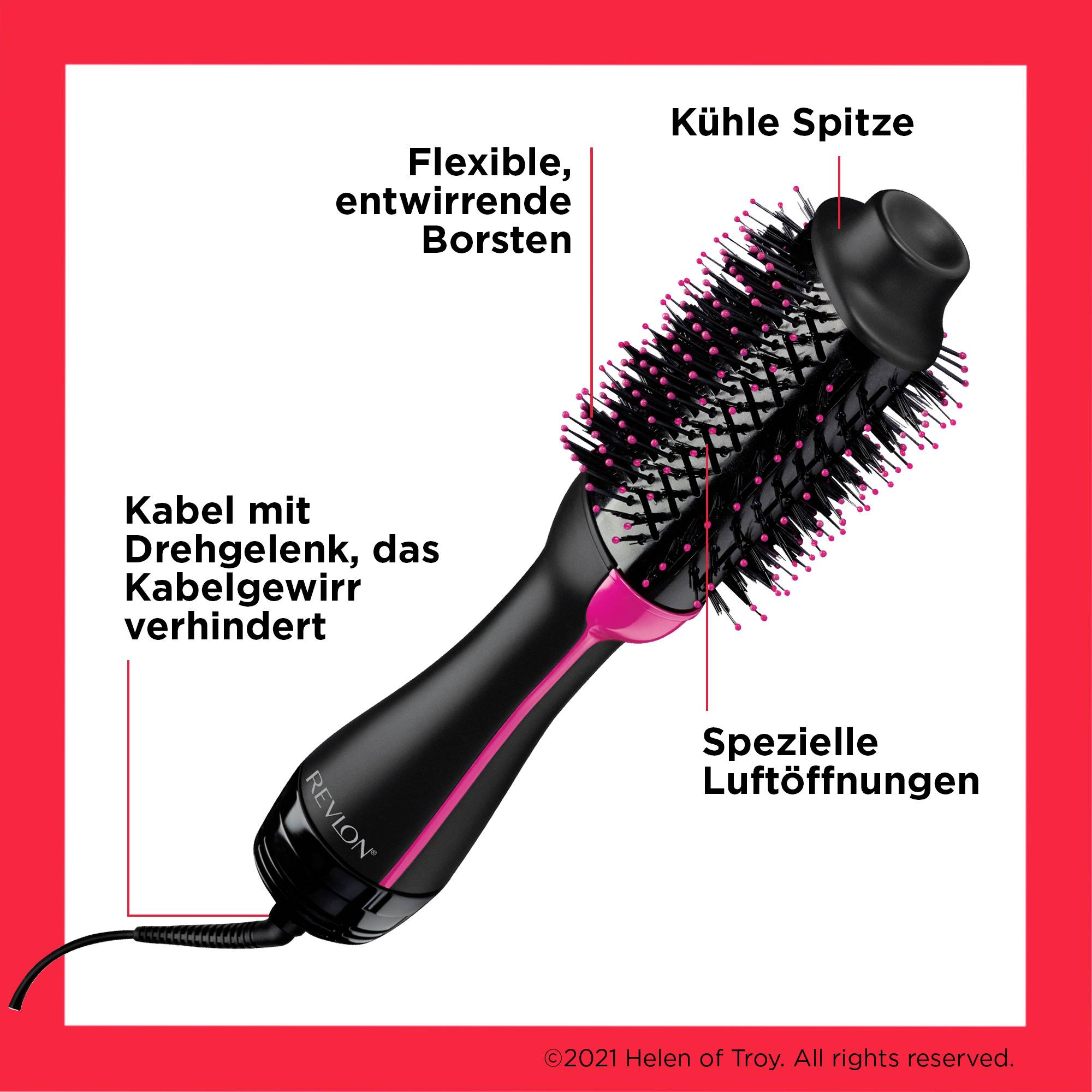 Obrázek kulmy na vlasy Revlon s flexibilními štětinami, chladným hrotem, speciálním kloubovým kabelem a speciálními větracími otvory.
