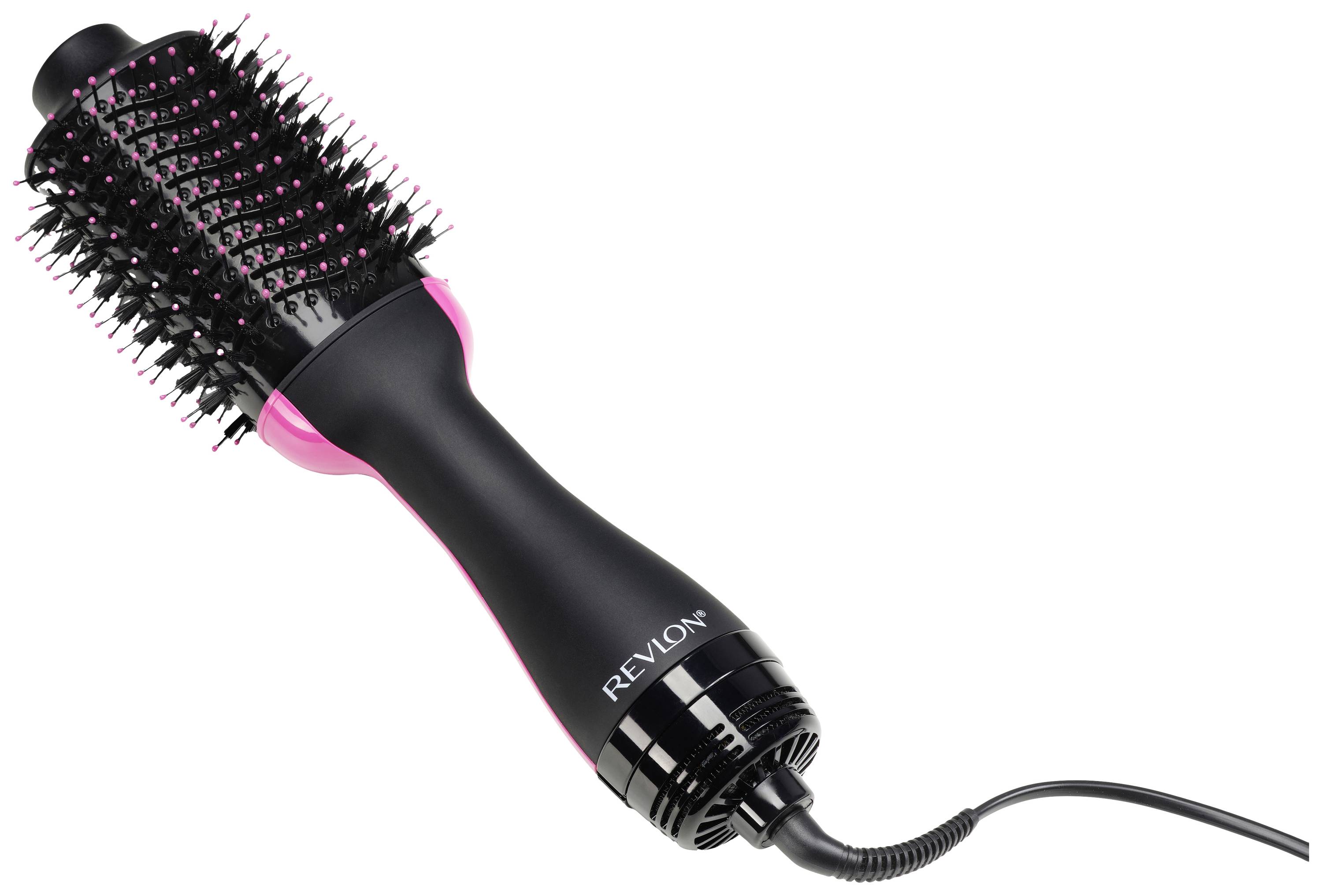 Černý a růžový vysoušeč vlasů Revlon s oválným kartáčem a rotačními štětinami pro objem a styling.