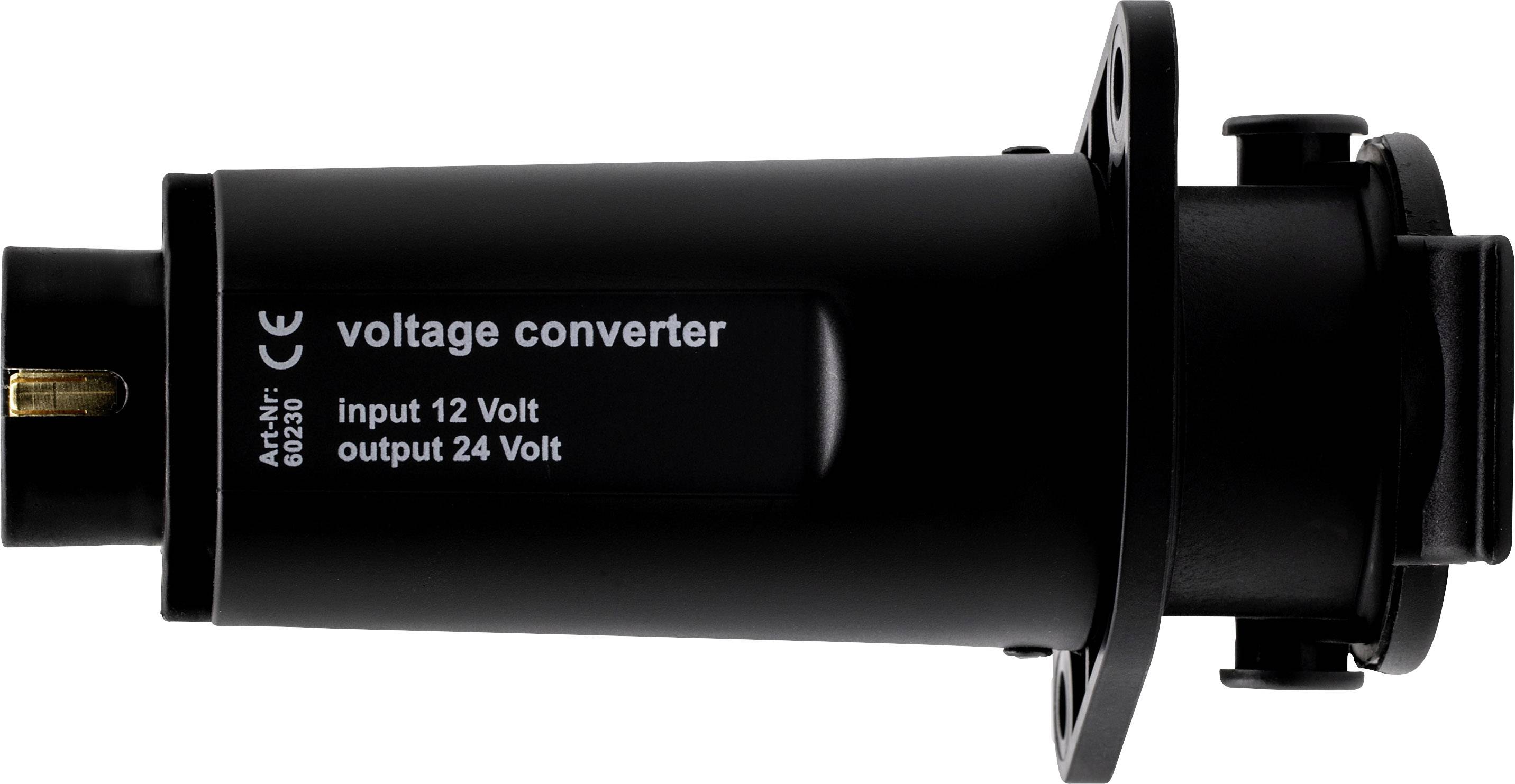 Měnič stejnosměrného napětí s popiskem 'voltage converter', vstup 12 voltů, výstup 24 voltů. Černý, válcovitý kryt.