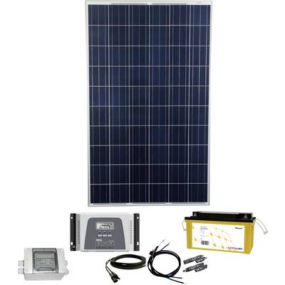 Solární energetický systém včetně solárního panelu, nabíjecího regulátoru, akumulátoru, kabelů a připojení zobrazený na bílém pozadí.