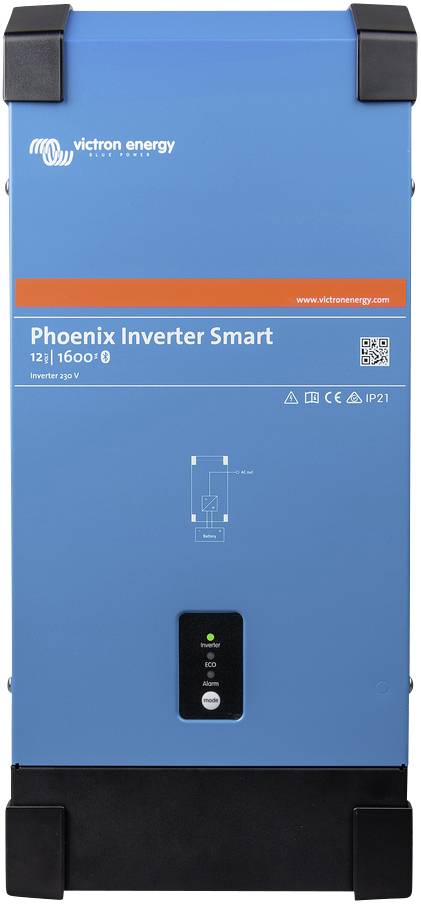 Modrý invertor Phoenix Smart od společnosti Victron Energy, model 12|1600, s LED displejem. Vhodný pro měnění napětí.