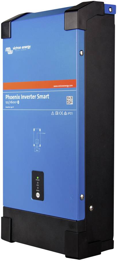 Modrý měnič s nápisem 'Phoenix Inverter Smart' od společnosti Victron Energy zobrazující přední stranu s indikačními kontrolkami a detaily připojení.