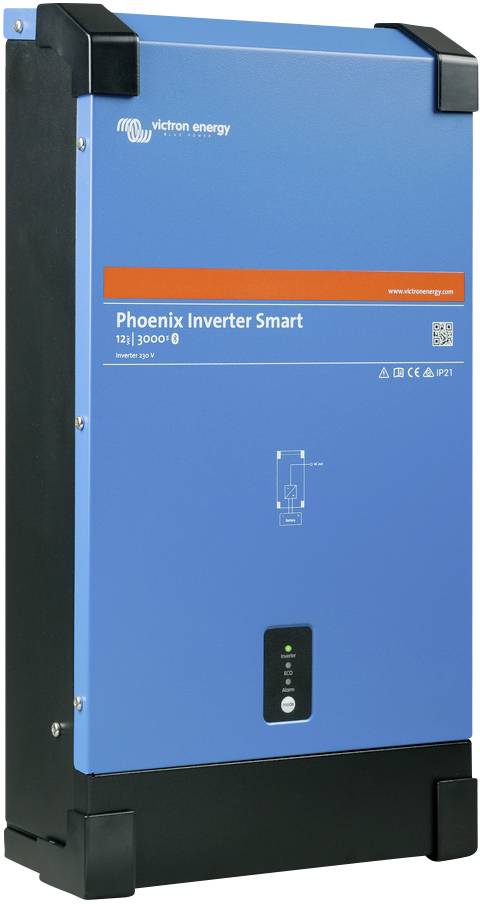 Modrý invertor Victron Energy Phoenix Smart, model 12/3000/120-50. Na přední straně zobrazuje kontrolní světlo a schéma připojení.