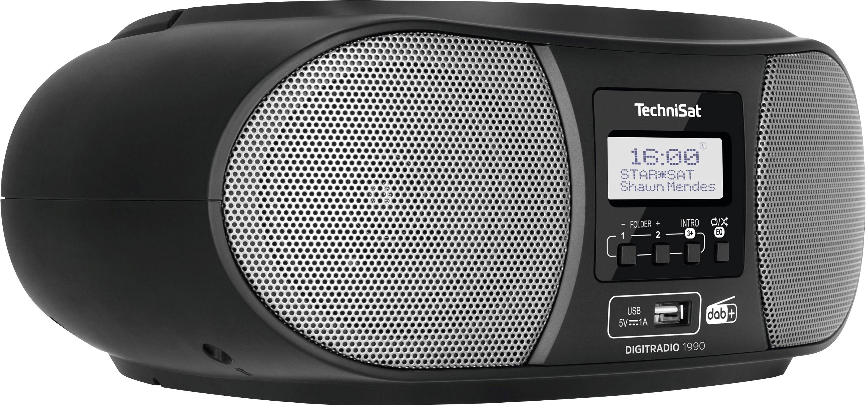 Přenosné digitální rádio v černé barvě zobrazuje na displeji čas 16:00 a přehrává píseň 'Stitches' od Shawna Mendese.