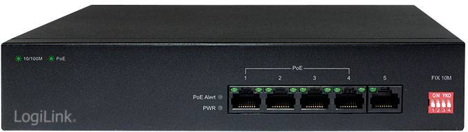 Černý síťový switch s pěti ethernetovými porty, LED indikátory a červeným kolébkovým vypínačem na pravé straně. Název značky v levém dolním rohu.