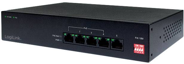 Černý síťový switch od LogiLinku s pěti ethernetovými porty a LED indikátory, vhodný pro PoE připojení.