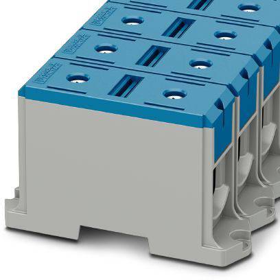 Modrošedý elektrický rozvodný blok s několika svorkami, používaný pro propojování vodičů v elektrických obvodech.