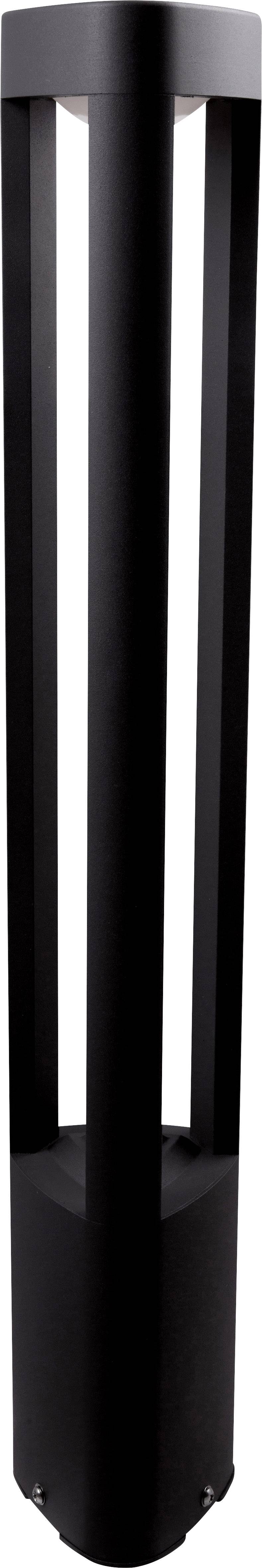 Černá, moderní stojací lampa s elegantním, otevřeným designem a válcovitým tvarem, vhodná do interiéru i exteriéru.