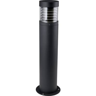 Černá zahradní lampa válcovitého tvaru s horizontálními lamelami v horní části pro rozptyl světla.