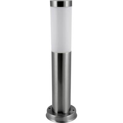 Stříbrná nerezová patní lampa s válcovým skleněným tělem na kulatém podstavci, vhodná pro venkovní osvětlení.