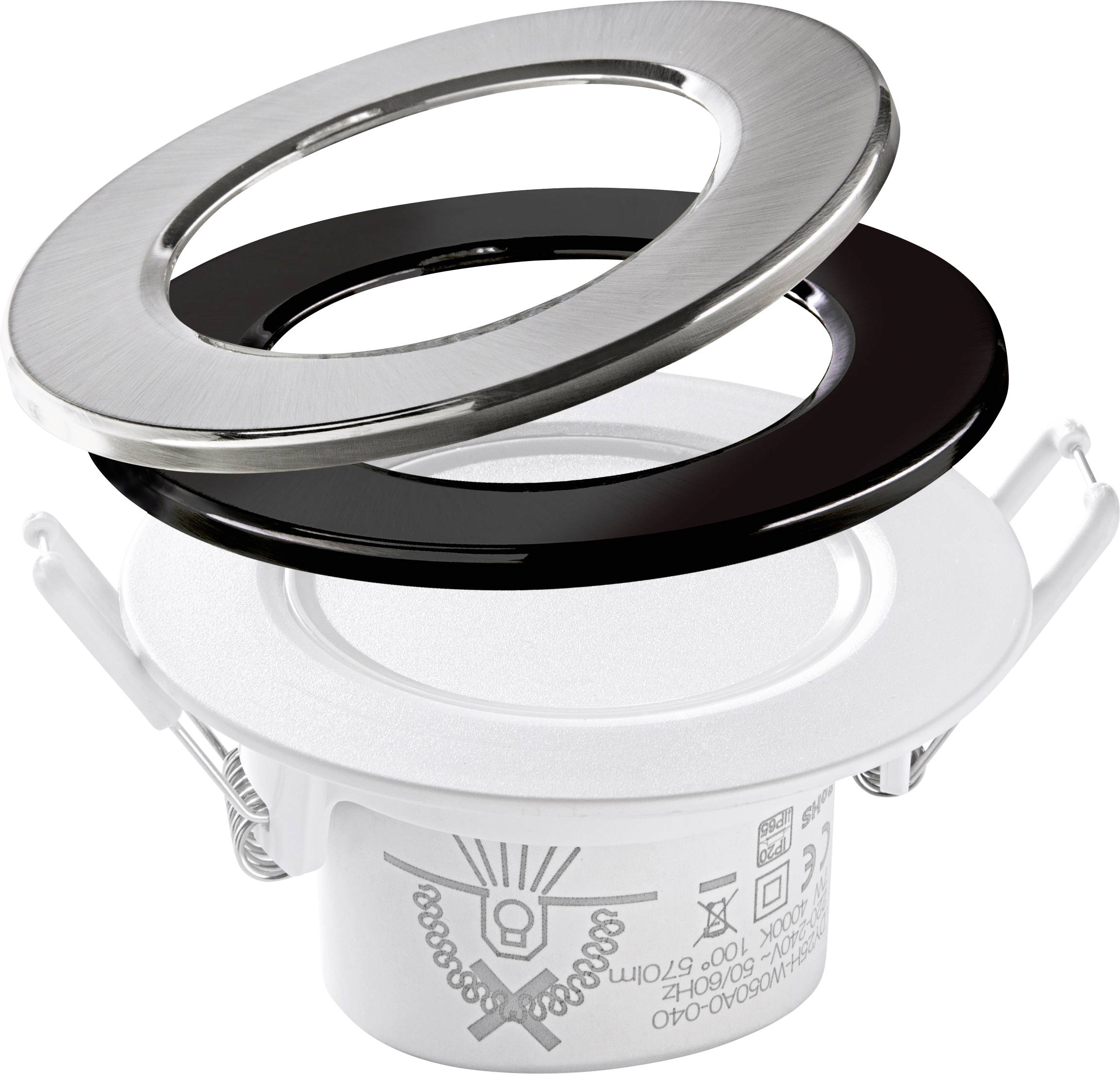 Vestavné bodové světlo se dvěma vyměnitelnými clonami, jedna stříbrná a jedna černá, namontované na bílém základním krytu.