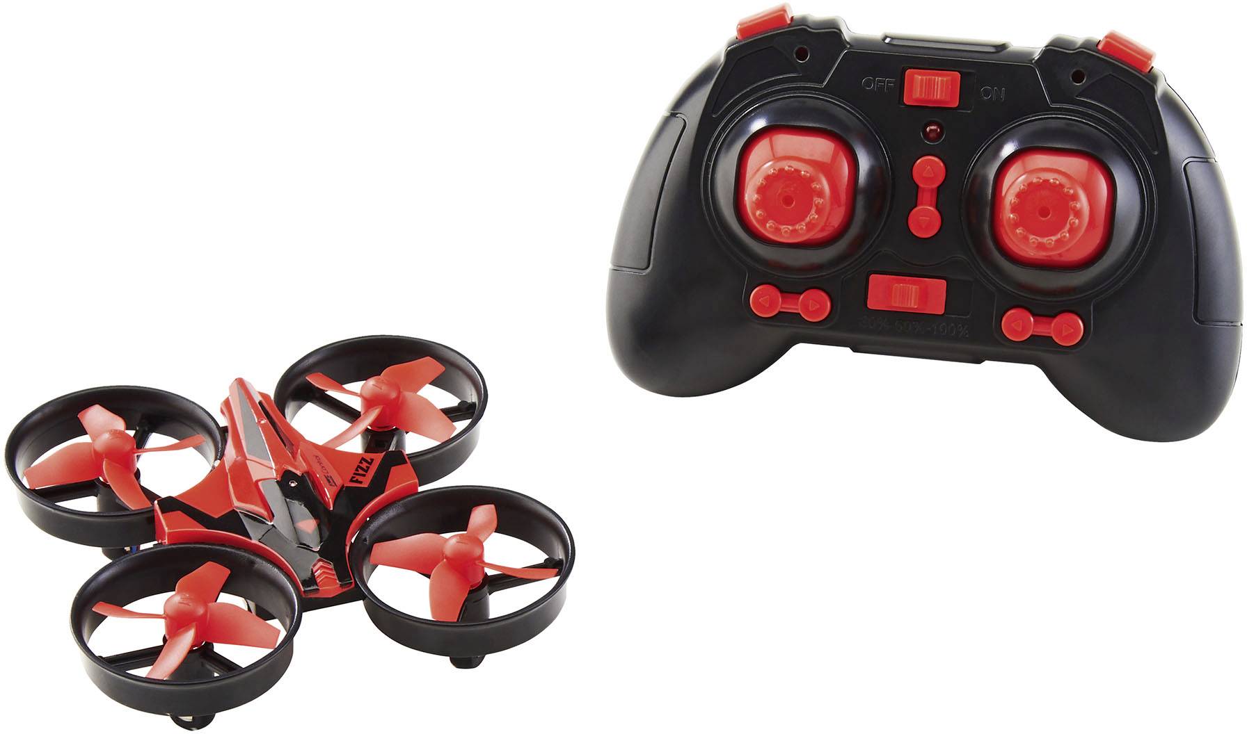 Malá hračkářská dron s červeno-černým designem vedle odpovídajícího dálkového ovladače; vhodný pro začátečníky v létání s drony.