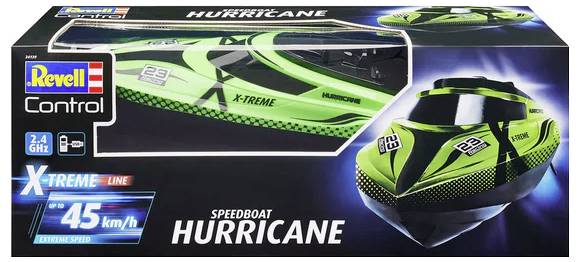 Krabice 'Revell Control' zobrazující zelený a černý 'Speedboat Hurricane', ze série 'X-treme Line', s poznámkou o maximální rychlosti 'až 45 km/h'.