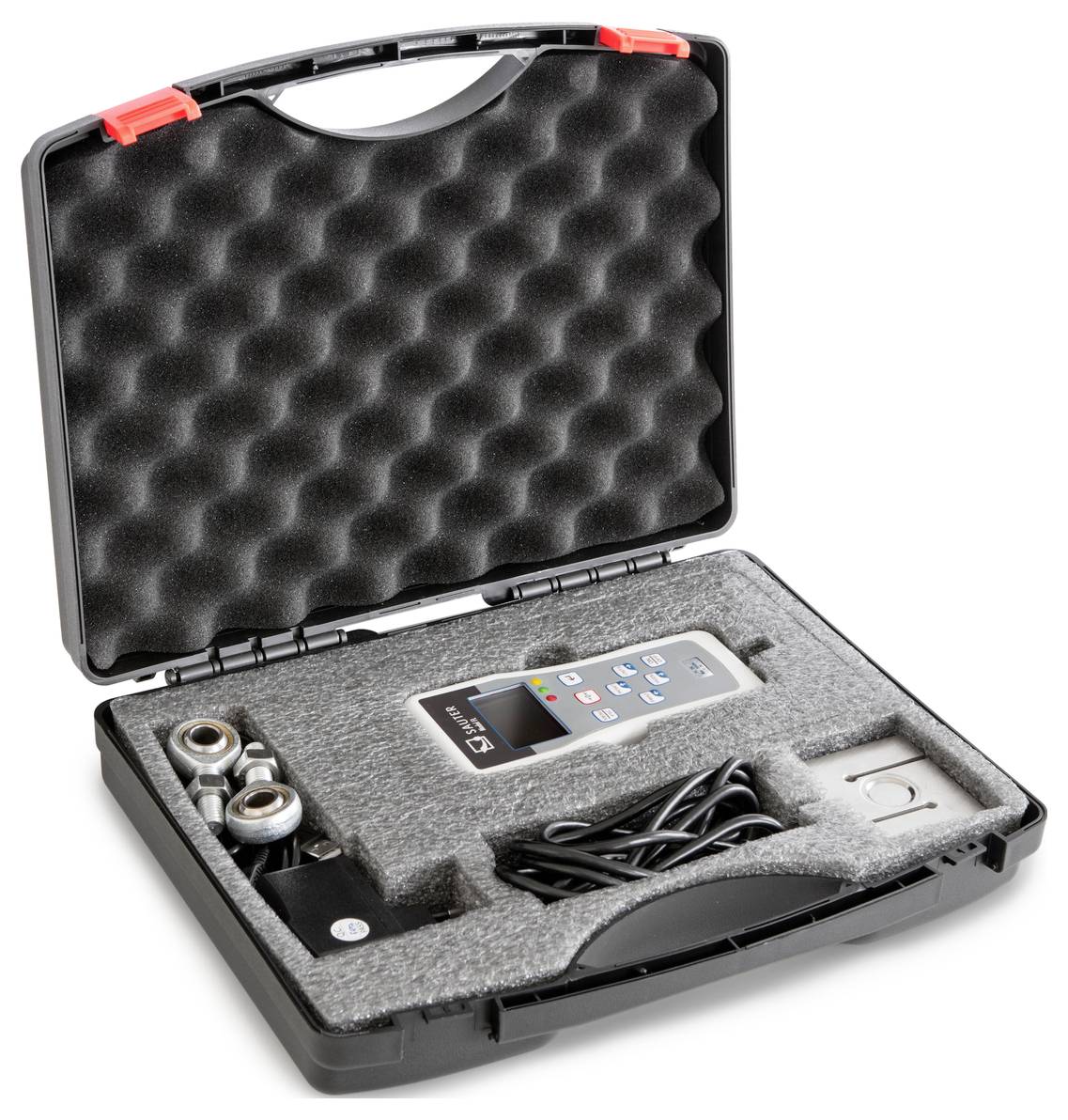 Otevřený černý kufřík s pěnovou výplní ukazuje digitální měřicí přístroj s kabely a dvěma senzory.