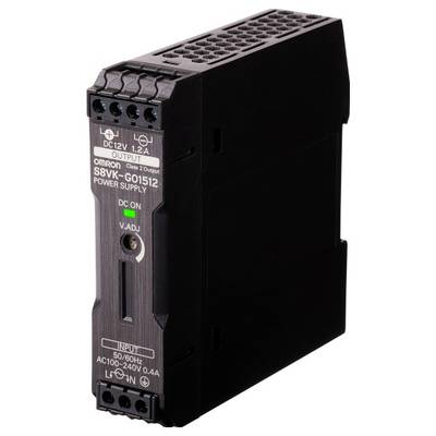 Černý spínaný napájecí zdroj s nápisem 'OMRON S8VK-G0512', zobrazující parametry vstupního a výstupního napětí, s čelní LED indikací.