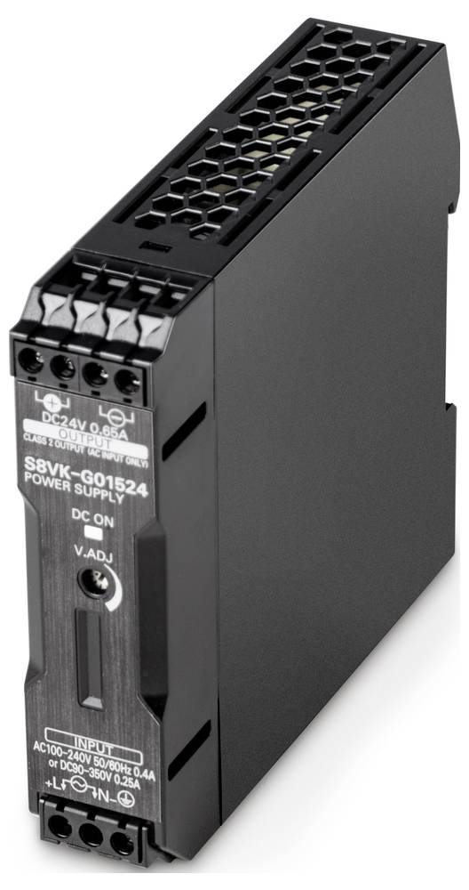 Napájecí zdroj v černém pouzdře s modelovým číslem 'S8VK-G01524'; zobrazuje přepínač 'DC ZAP' a specifikace vstupu/výstupu.