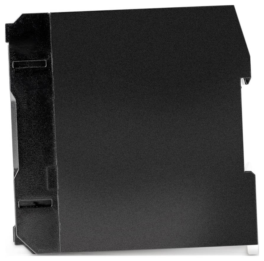 Černý plastový díl s nepravidelným tvarem, několika hranami a drážkami. Mohl by být součástí většího technického zařízení.