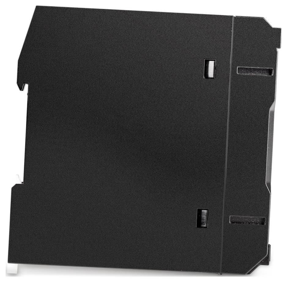 Černý obdélníkový plastový panel se dvěma viditelnými sponkami na pravé straně.