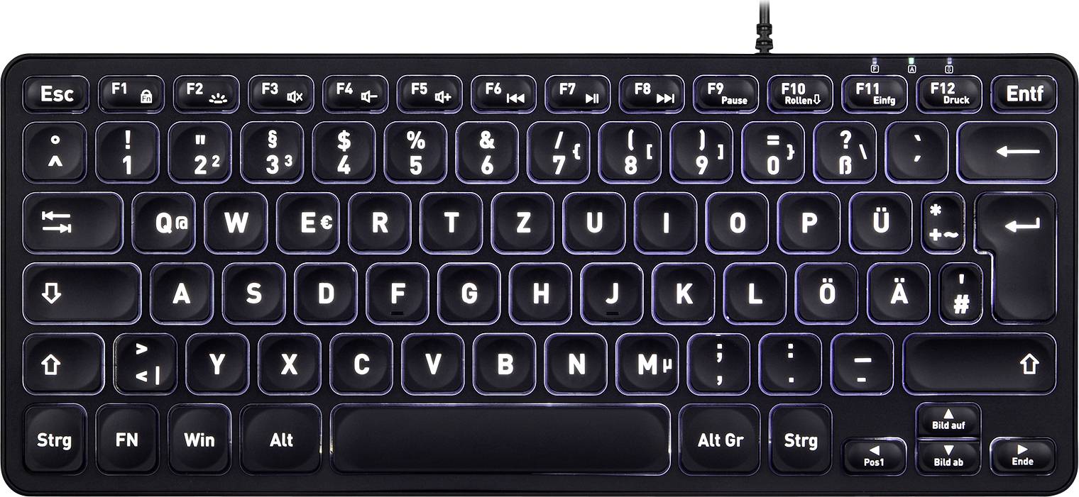 Německá počítačová klávesnice s podsvícením. Klávesy od 'Esc' po 'Delete', od 'Ctrl' po 'Alt'. Kabel nahoře uprostřed.