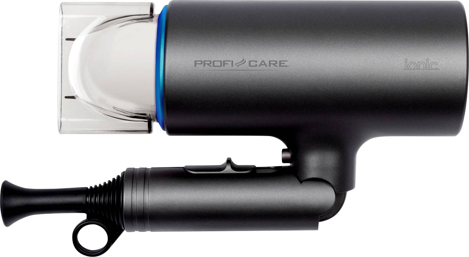 Černý fén s odnímatelnou tryskou, ionizační technologií a ergonomickou rukojetí pro snadné ovládání.