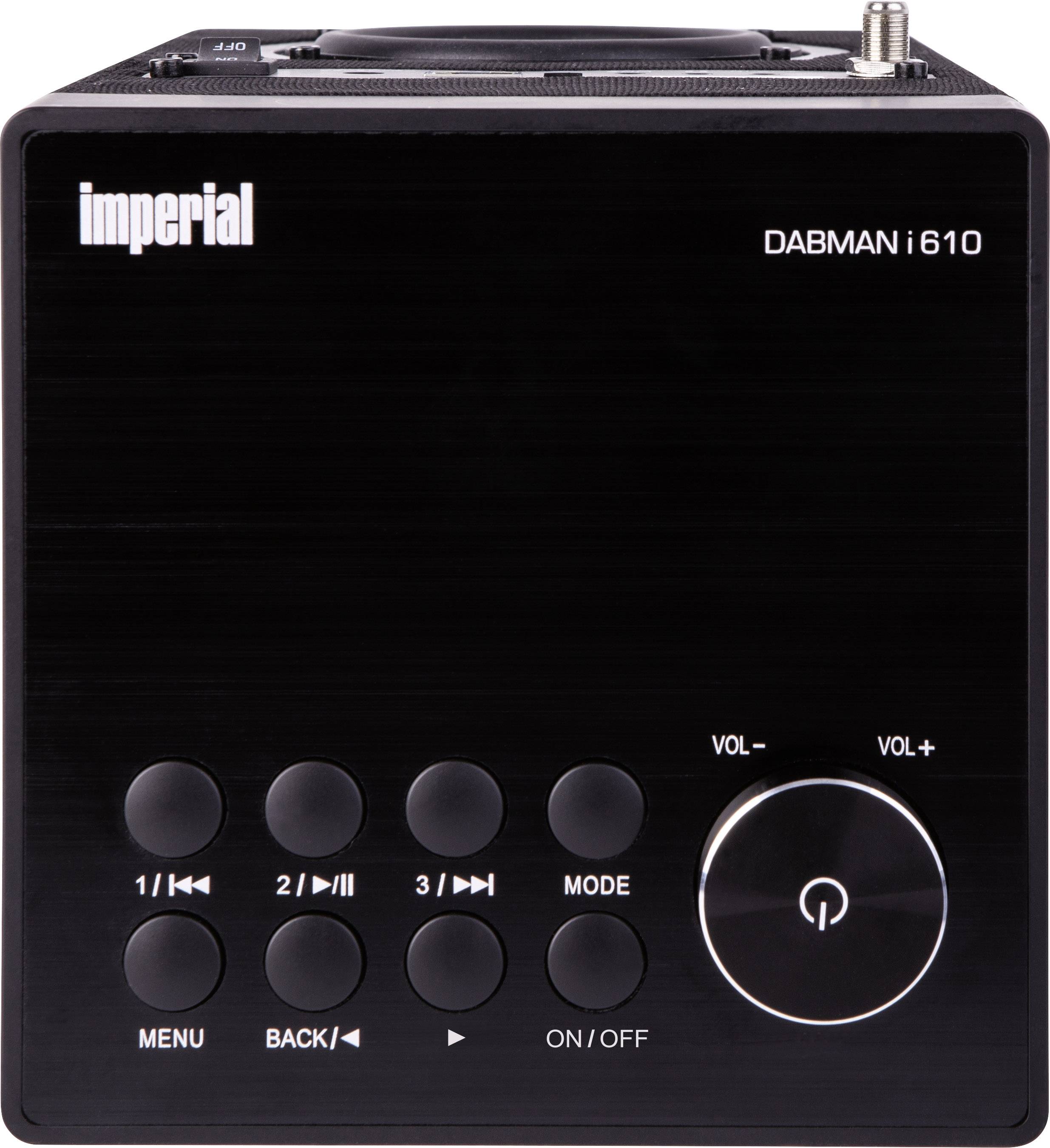 Černé digitální rádio značky 'Imperial' s modelem 'DABMAN i610', s několika tlačítky na přední straně a ovladačem hlasitosti.