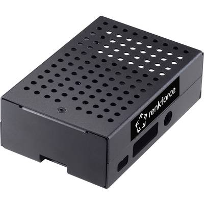 Černý, perforovaný kryt pro Raspberry Pi s logem 'renkforce' na straně.