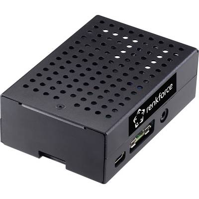 Černý, děrovaný kryt s logem 'renkforce' pro malá elektronická zařízení, zobrazující konektory na boku.