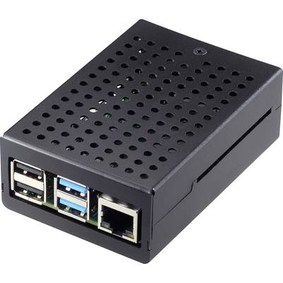 Černá, větraná skříň minipočítače s několika USB porty a ethernetovým konektorem na přední straně.
