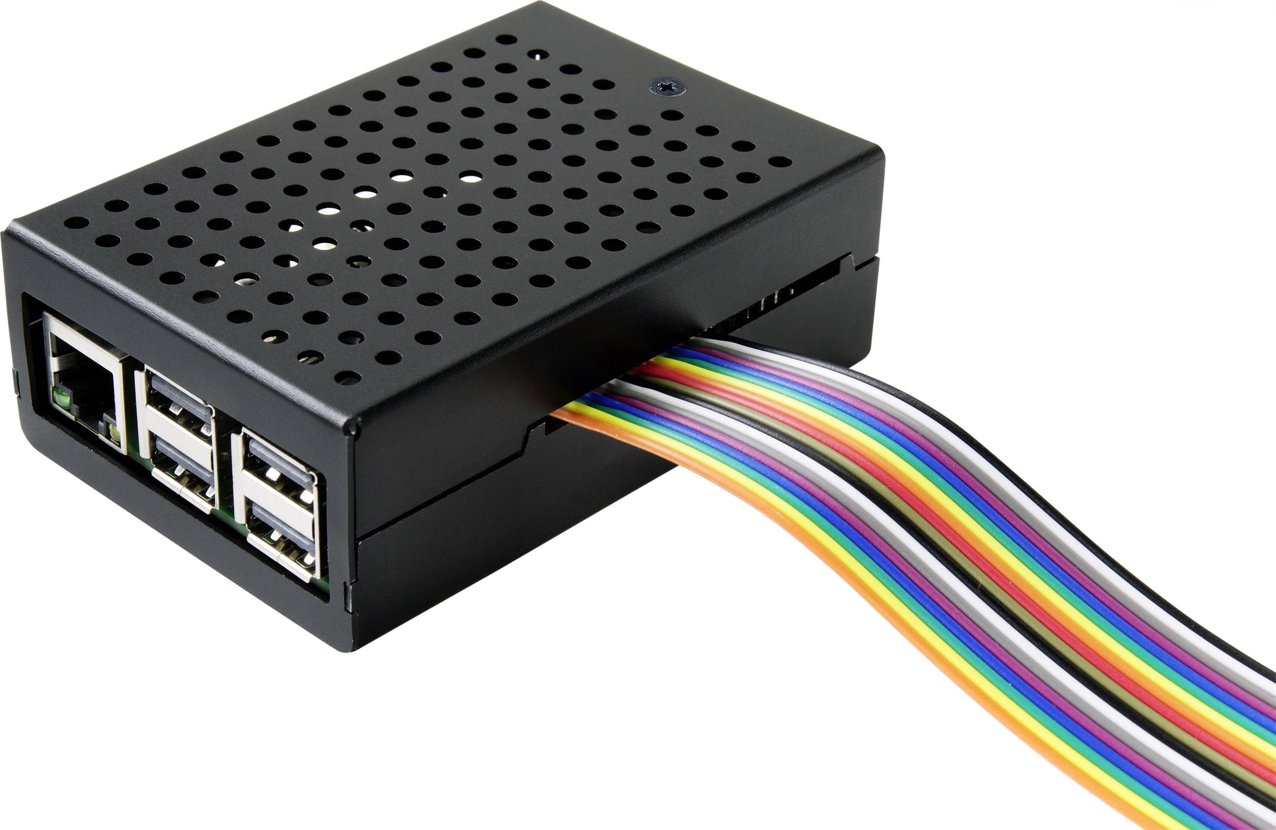 Černá skříň s několika USB porty a svazkem barevných kabelů, které trčí z boku.