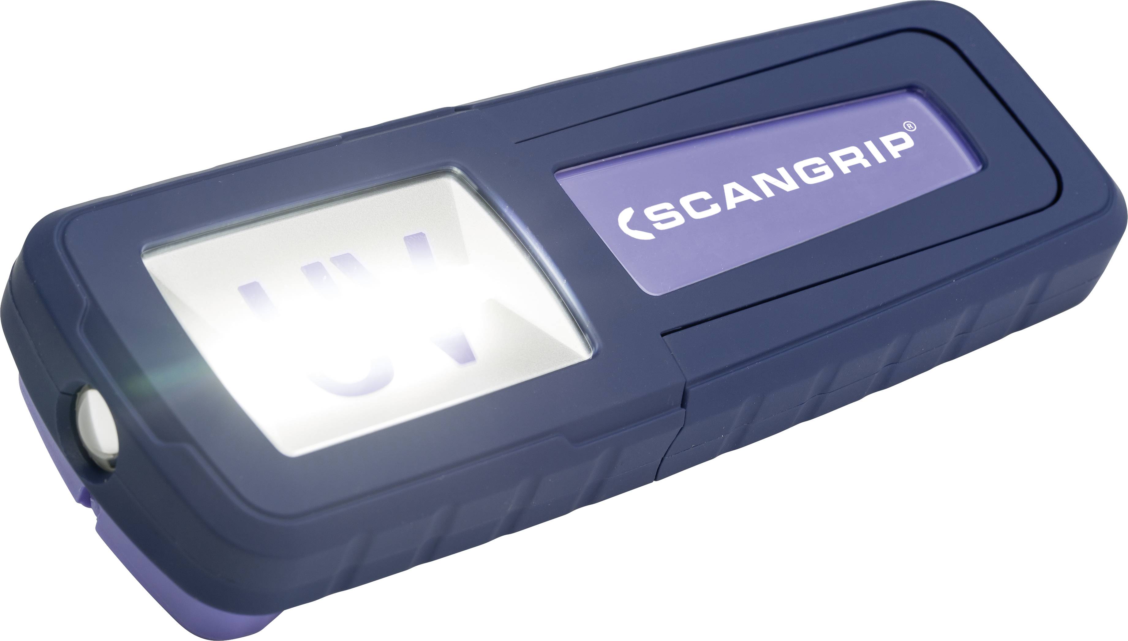 Přenosná UV lampa s obdélníkovým designem. Svítí na levé straně a zobrazuje logo 'SCANGRIP' na straně pravé.