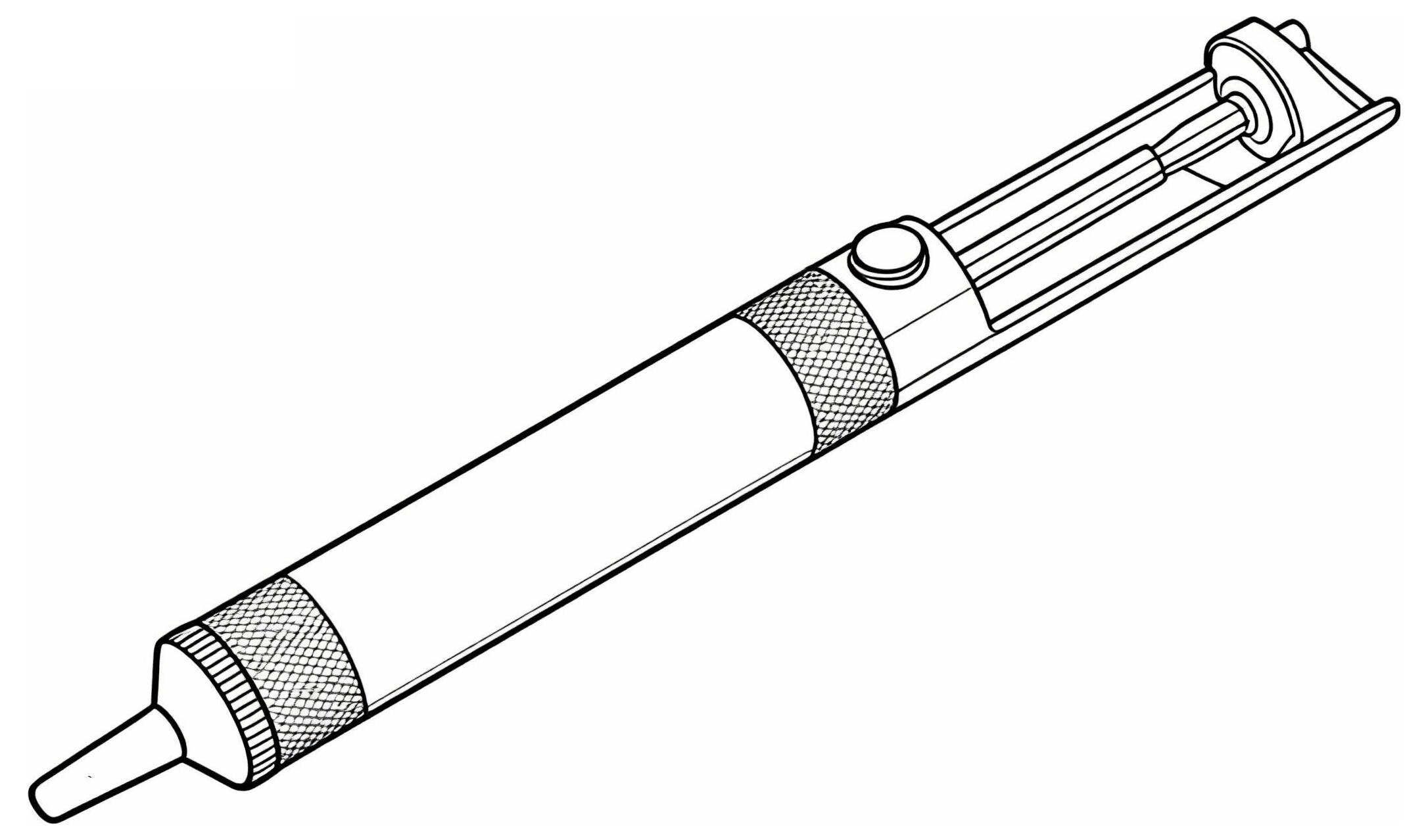 Nákres pájecí odsávačky s pístem a tryskou, používané pro odstraňování pájky z elektronických desek při opravách elektroniky.