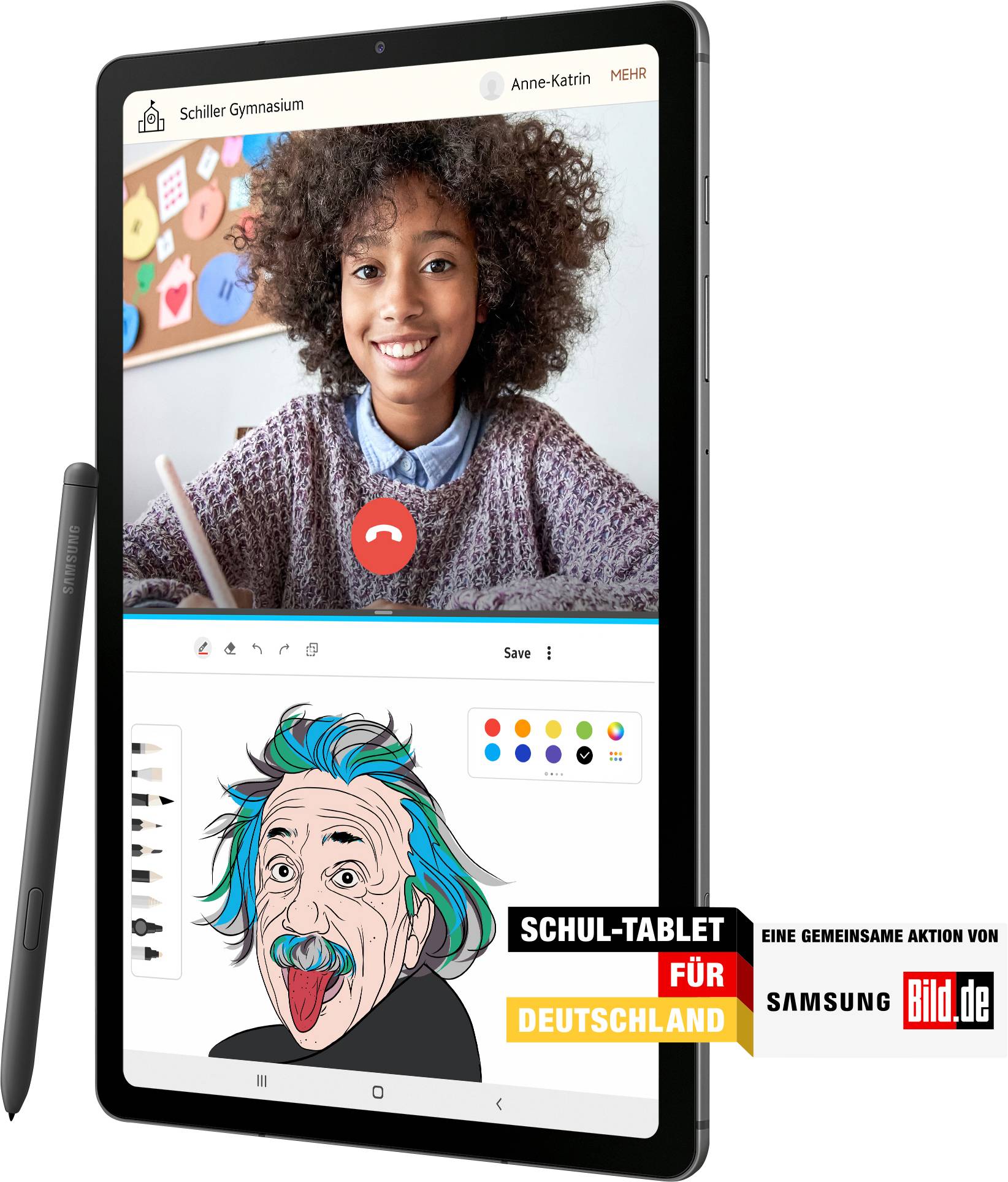 Tablet zobrazuje videohovor s dítětem, další ikony na ploše jsou viditelné. Text: 'Školní tablet pro Německo', akce společností Samsung a Bild.de.