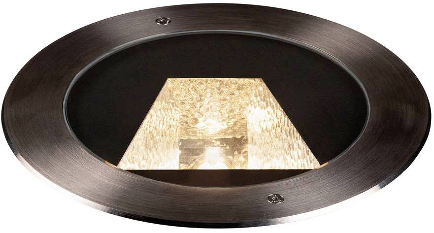 Vestavěné svítidlo s kulatým kovovým rámečkem a centrálním světelným zdrojem umístěným uvnitř průhledného krytu.