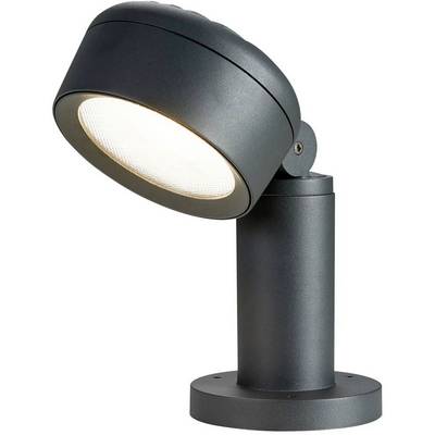 Černá moderní stojací lampa, která svítí dolů. Vhodná pro osvětlení zahradních cest nebo teras.