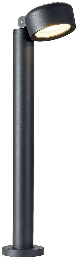 Moderní volně stojící venkovní svítidlo s válcovým podstavcem a nakloněným kulatým stínidlem, které vyzařuje světlo směrem dolů.