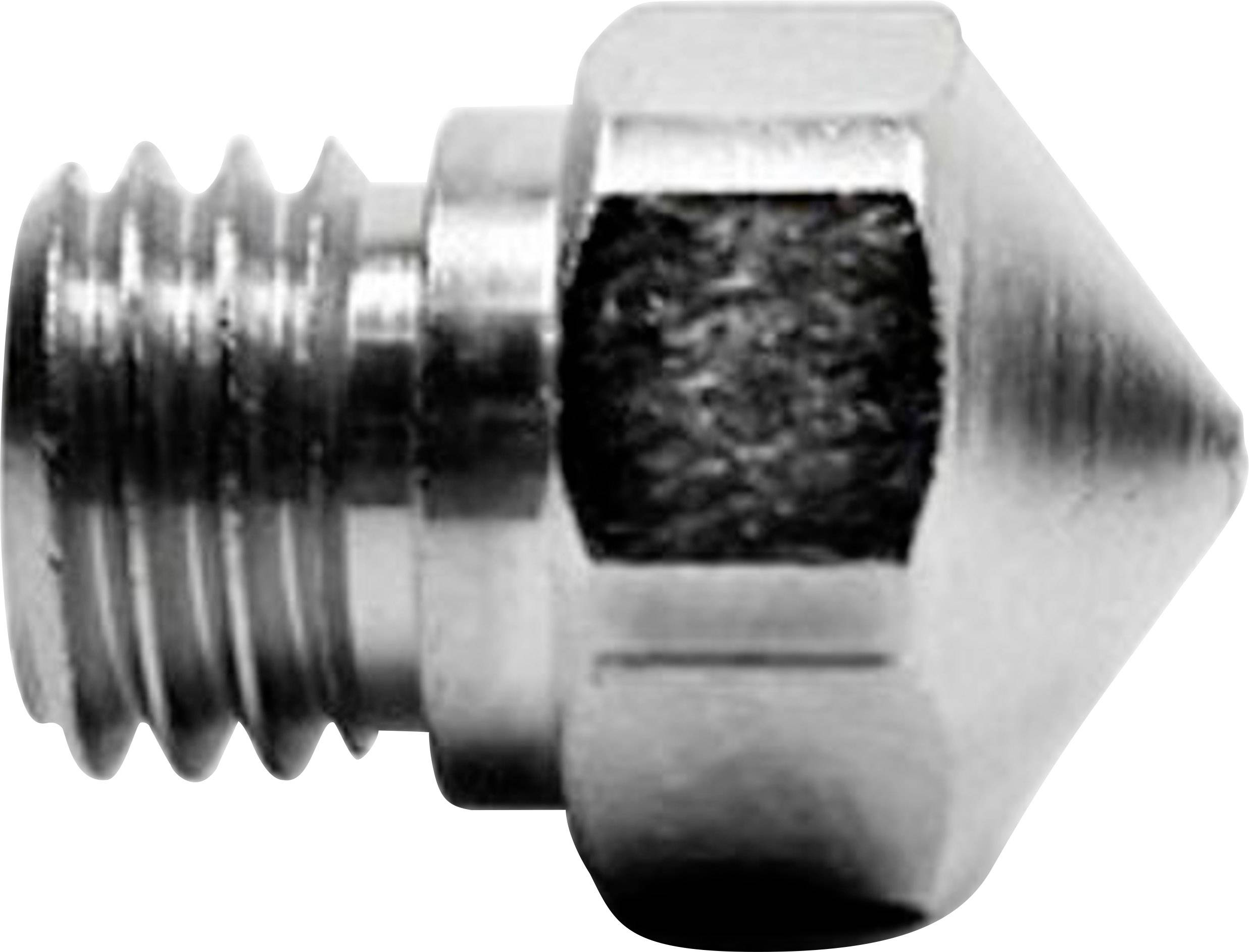 Kovový tryskový prvek s kuželovitým hrotem a závitem, vhodný pro použití v technických nebo mechanických aplikacích.